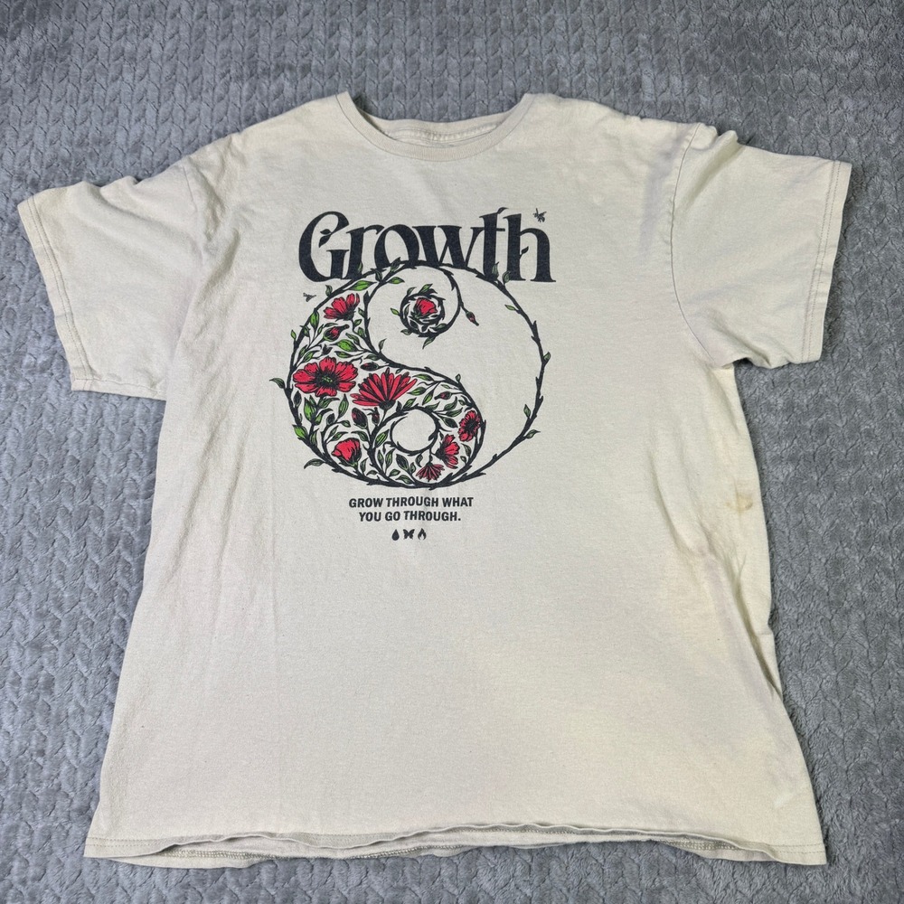 DOM Growth Yin Yang Floral Graphic T-Shirt Tan Mens Large Flower Art STAINED